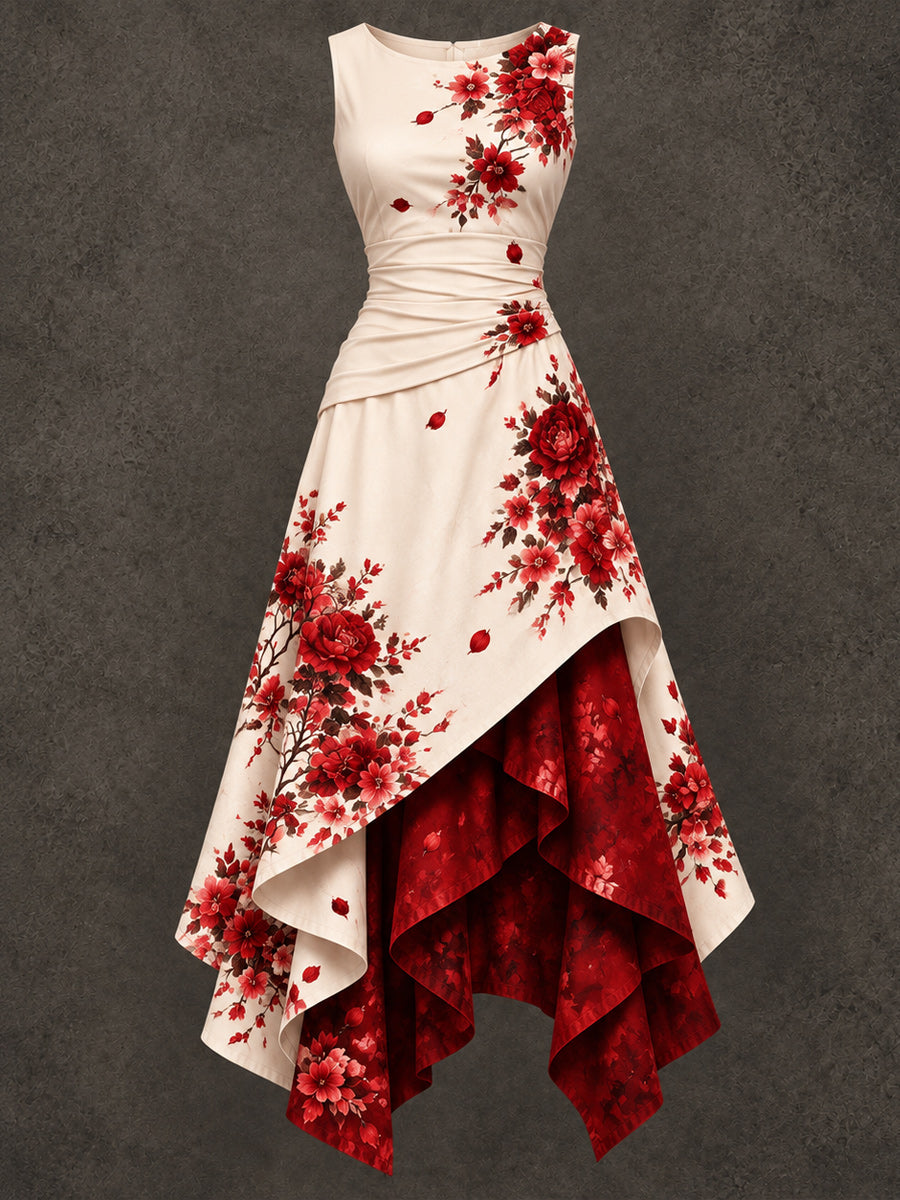 Retro Art Printed Vintage Sleeveless Irregularly Layered Stitched Midi Dress